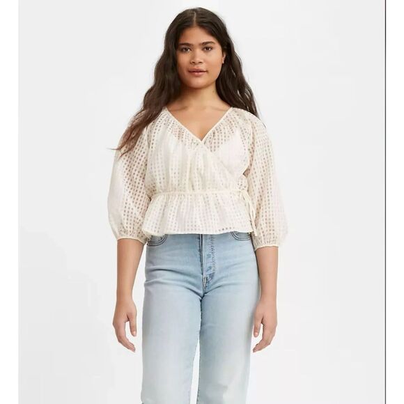 LEVIS Top Women M Delilah Wrap Surplice Blouse Peplum Sheer Windowpane Off White - Picture 2 of 10